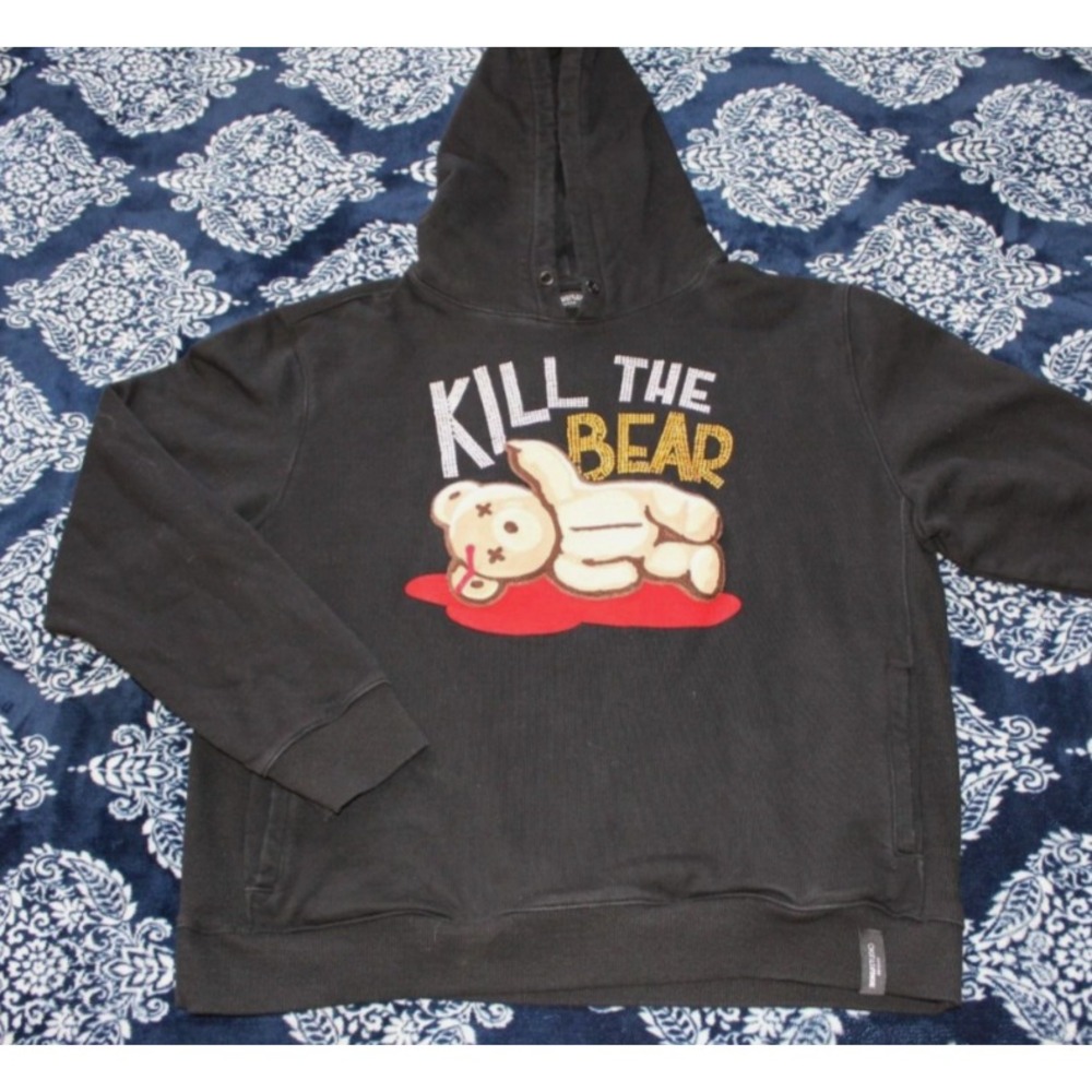 Palm Angels Styled "Kill The Bear" Patched Black Hoodie w/ Rhinestones Size 2XL